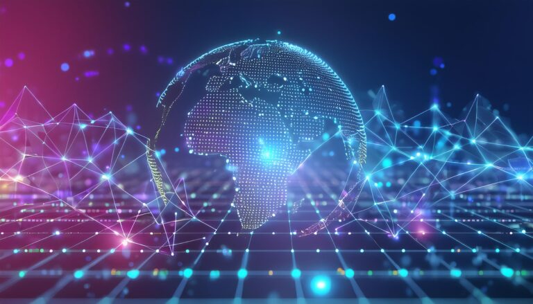 Furturistinen kuva, jossa näkyy etualalla läpikuultava maapallo