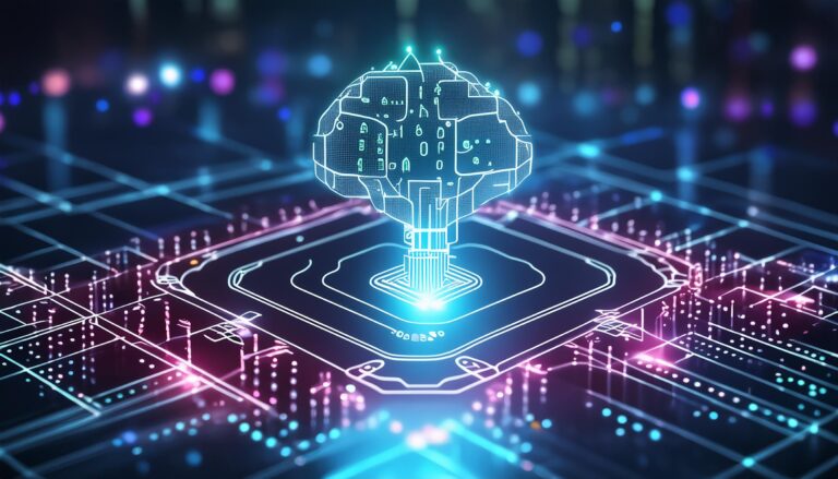 Futuristinen kuva, jossa näkyy tietokoneen piirilevy ja kuva aivoista