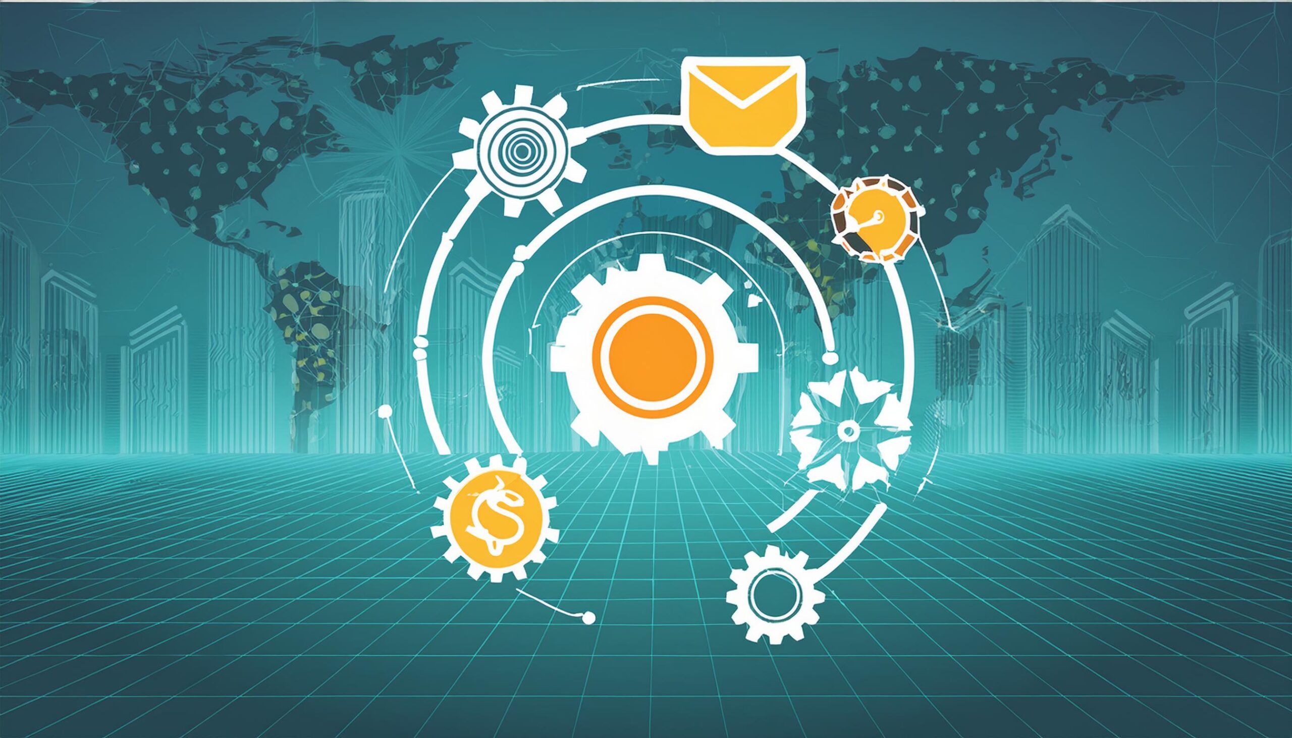 Futuristinen kuva, jossa näkyy kehällä rataksia ja kirjekuori