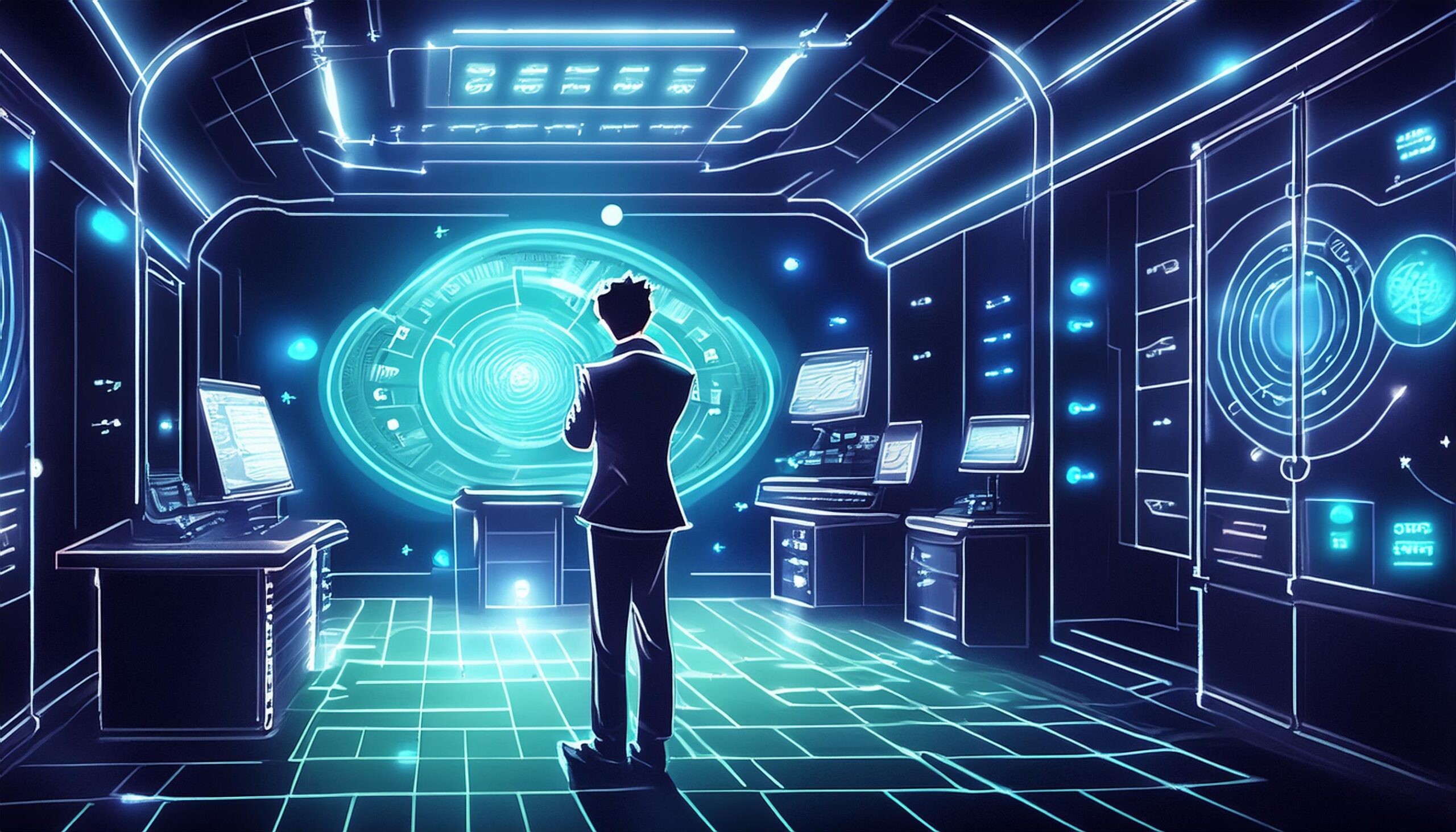 Ihmishahmo seisomassa futuristisen näköisessä huoneessa, jossa on tietokoneita