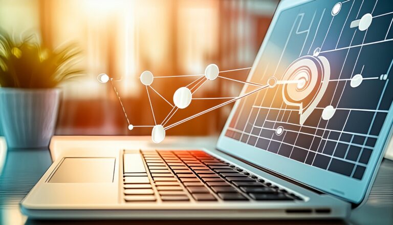 Sivulta kuvattu kannettava tietokone, jonka kansi on avattu. Näppäimistön yläpuolella leijuu symboleja, jotka ovat yhteydessä näytön graafiseen sisältöön. Tämä kuvastaa sisältömarkkinoinnin kääntämistä. Taustalla näkyy huonekasvi ja valoa.