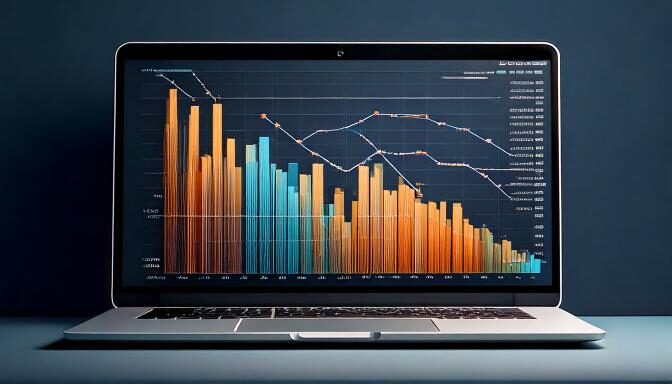 Tietokone, jonka näytöllä on aleneva pylväskaavio. Kuvastaa tekoälyn suomeksi tekemien SEO-käännösten tilastoja.